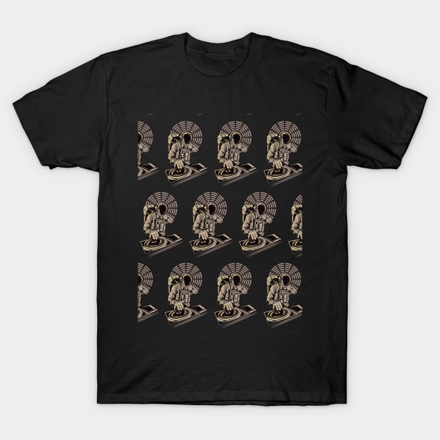 DJ astronaut mixing music pattern on black T-Shirt by Muse